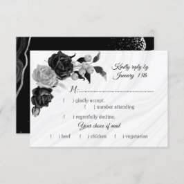 Tarjeta De Confirmación De Asistencia opción de comida con flores negras y plateadas