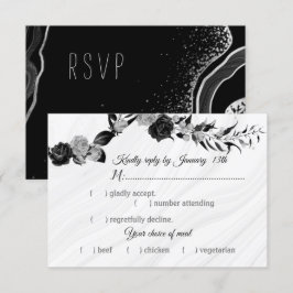 Tarjeta De Confirmación De Asistencia opción de comida con flores negras y plateadas