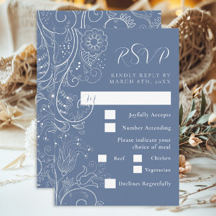 Tarjeta De Confirmación De Asistencia Opción de comida de boda floral elegante azul polv