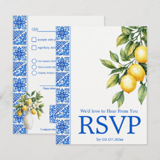 Tarjeta De Confirmación De Asistencia 💙🍋Opción de comida + QR Azul & Limone Romance