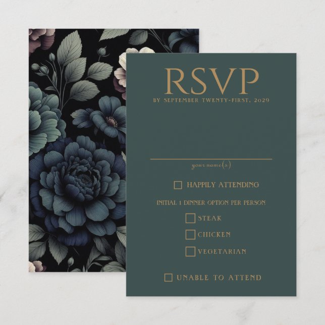 Tarjeta De Confirmación De Asistencia Opciones de alimentos florales Blue Moody (Anverso / Reverso)
