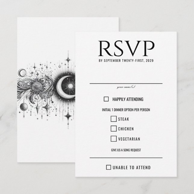Tarjeta De Confirmación De Asistencia Opciones de comida celestial en blanco y negro (Anverso / Reverso)