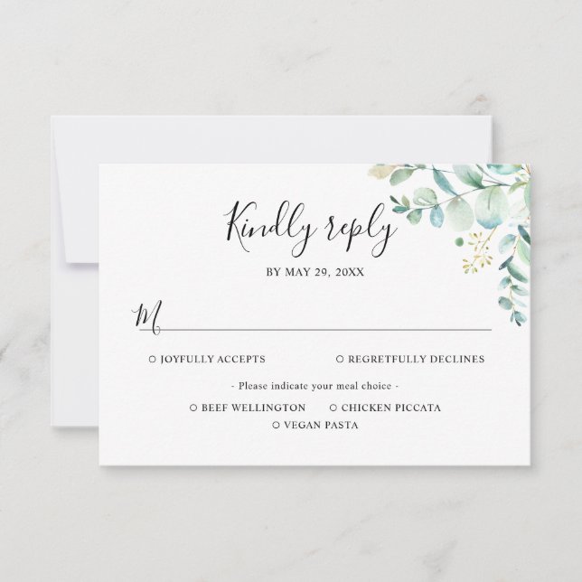 Tarjeta De Confirmación De Asistencia Opciones de Comida Eucalyptus Greenery (Anverso)