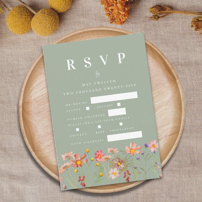 Tarjeta De Confirmación De Asistencia Opciones de Comida Floral Boho Wildflower Boda Ver (Boho wildflower floral sage green wedding rsvp including card Meal choices food allergies)