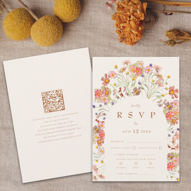 Tarjeta De Confirmación De Asistencia Opciones de Comida Floral Terracotta Boho Fall (Boho fall wildflower floral arch terracotta burnt orange beige wedding RSVP card autumn watercolor )