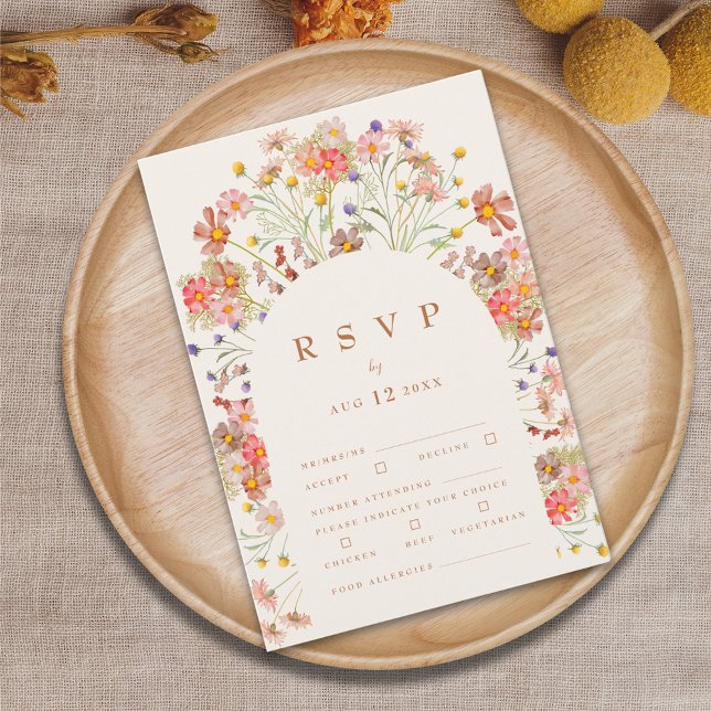 Tarjeta De Confirmación De Asistencia Opciones de Comida Floral Terracotta Boho Fall (Boho fall Wildflower floral arch burnt orange terracotta beige Wedding RSVP card autumn watercolor )
