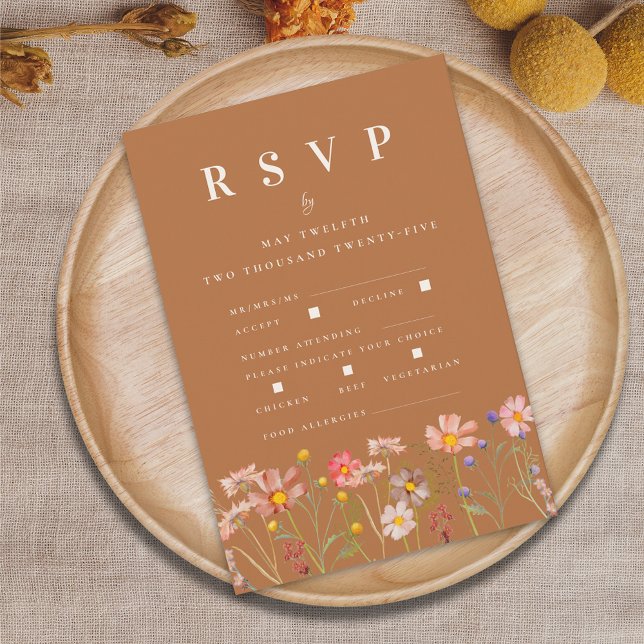 Tarjeta De Confirmación De Asistencia Opciones de Comida Terracotta Boho Fall Wildflower (Terracotta burnt orange elegant Wildflower boho fall Wedding rsvp card autumn watercolor florals)