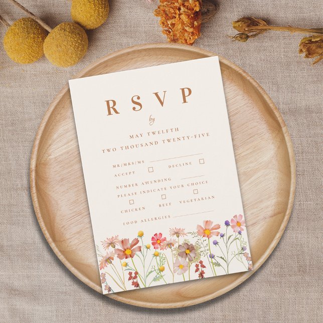 Tarjeta De Confirmación De Asistencia Opciones de Comida Terracotta Boho Fall Wildflower (Boho Wildflower fall Wedding rsvp card autumn watercolor florals burnt Orange terracotta beige coral)