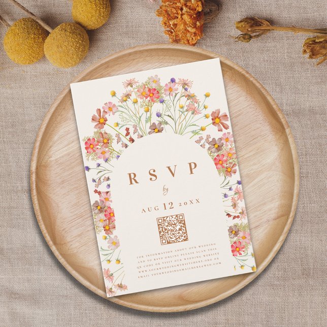 Tarjeta De Confirmación De Asistencia Opciones de comidas florales de otoño rústicas boh (Boho fall wildflower elegant floral arch wedding RSVP website QR code card terracotta burnt orange)