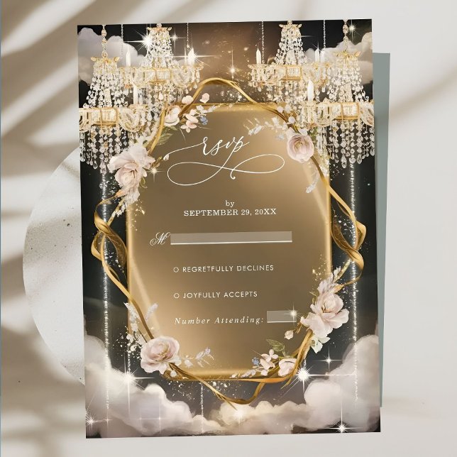 Tarjeta De Confirmación De Asistencia Ornate Floral Golden Chandelier Boda (Subido por el creador)