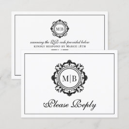 Tarjeta De Confirmación De Asistencia Ornate Floral Monograma blanco negro Boda