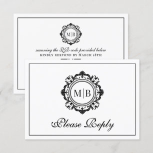 Tarjeta De Confirmación De Asistencia Ornate Floral Monograma blanco negro Boda