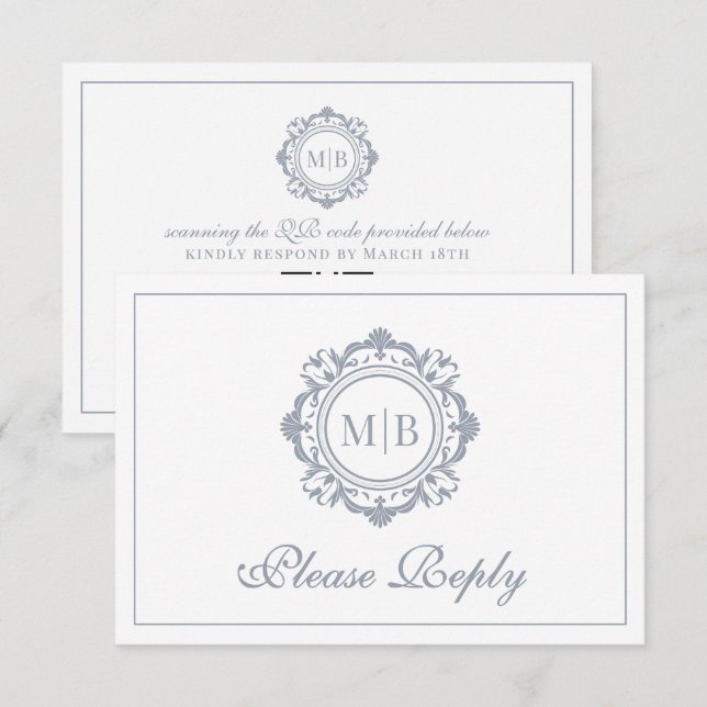 Tarjeta De Confirmación De Asistencia Ornate Floral Monograma Silver Boda (Anverso / Reverso)