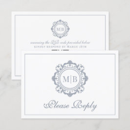 Tarjeta De Confirmación De Asistencia Ornate Floral Monograma Silver Boda