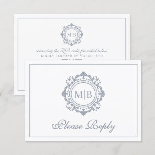 Tarjeta De Confirmación De Asistencia Ornate Floral Monograma Silver Boda