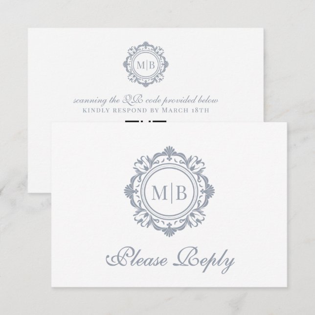 Tarjeta De Confirmación De Asistencia Ornate Floral Monograma Silver Boda (Anverso / Reverso)