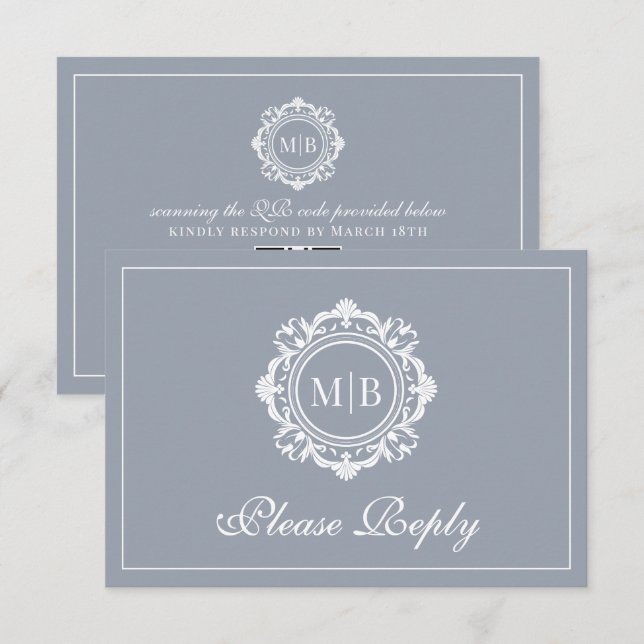 Tarjeta De Confirmación De Asistencia Ornate Floral Monograma Silver Boda (Anverso / Reverso)