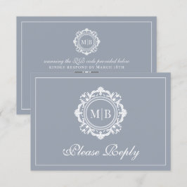 Tarjeta De Confirmación De Asistencia Ornate Floral Monograma Silver Boda