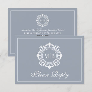 Tarjeta De Confirmación De Asistencia Ornate Floral Monograma Silver Boda