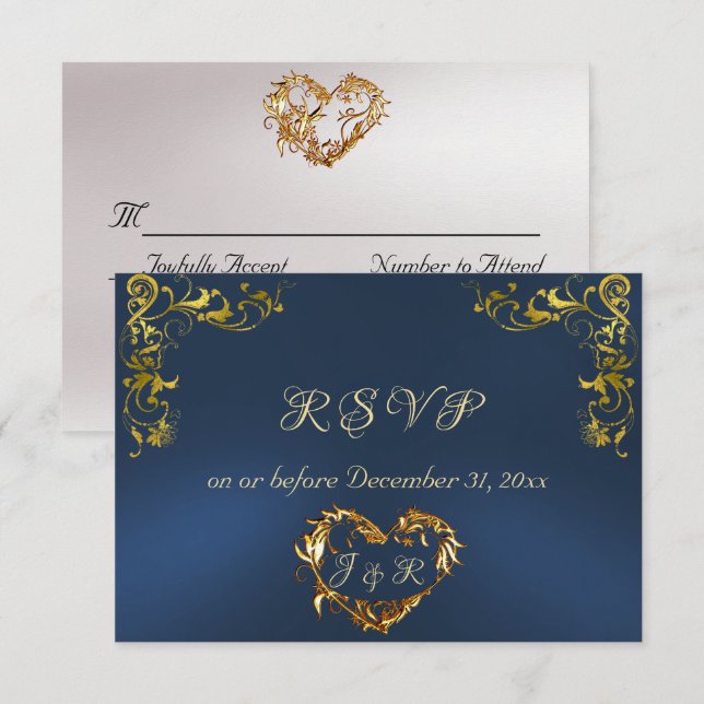 Tarjeta De Confirmación De Asistencia Ornate Frame & Heart - Blue/Gold (Anverso / Reverso)