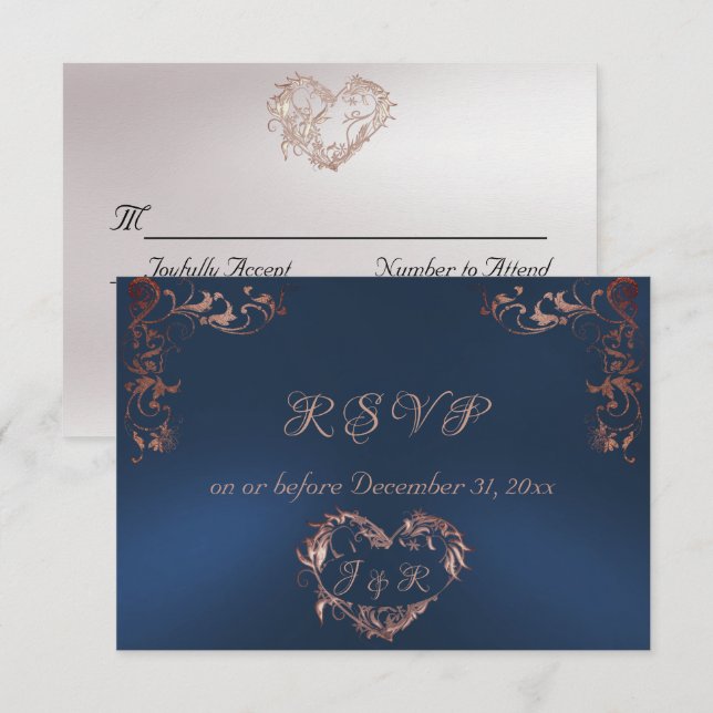 Tarjeta De Confirmación De Asistencia Ornate Frame & Heart - Blue/Rose Gold (Anverso / Reverso)