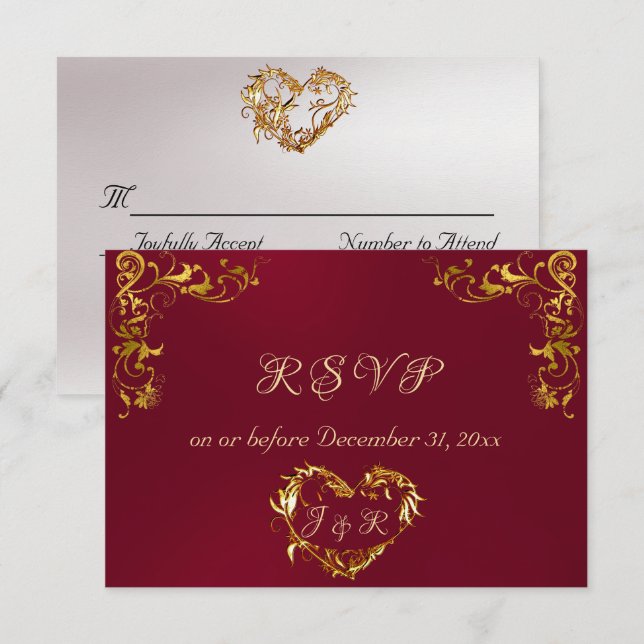 Tarjeta De Confirmación De Asistencia Ornate Frame & Heart - Burgundy/Gold (Anverso / Reverso)