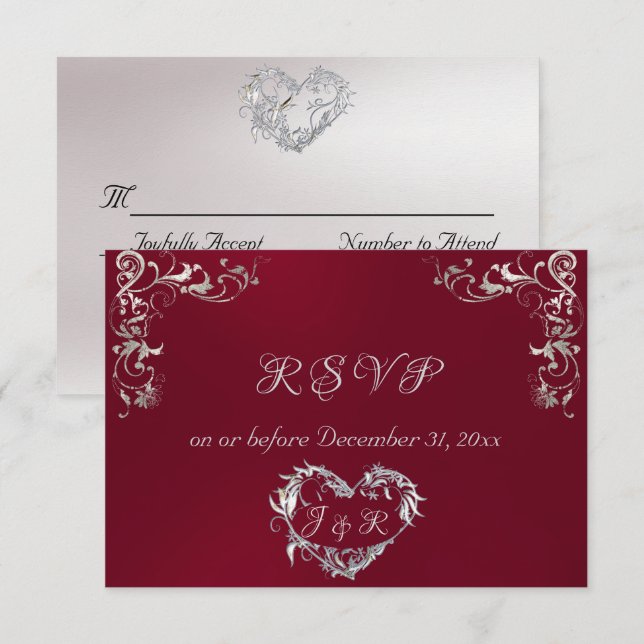 Tarjeta De Confirmación De Asistencia Ornate Frame & Heart - Burgundy/Silver (Anverso / Reverso)