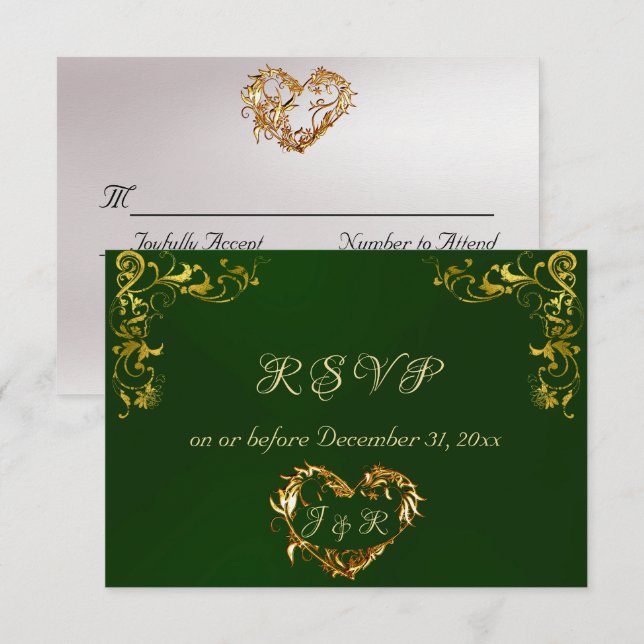 Tarjeta De Confirmación De Asistencia Ornate Frame & Heart - Emerald/Gold (Anverso / Reverso)