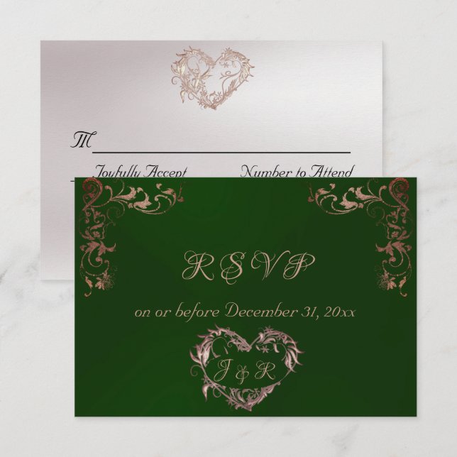 Tarjeta De Confirmación De Asistencia Ornate Frame & Heart - Emerald/Rose Gold (Anverso / Reverso)