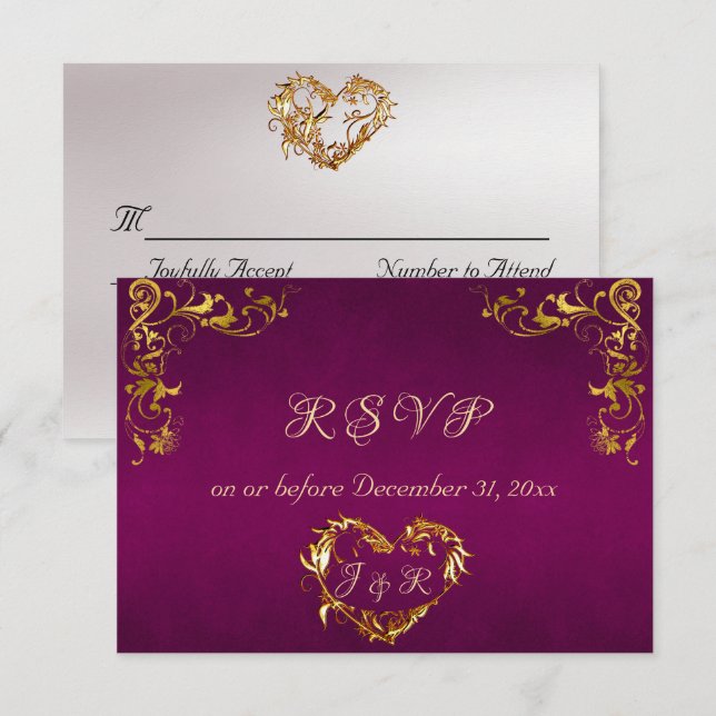Tarjeta De Confirmación De Asistencia Ornate Frame & Heart - Purple/Gold (Anverso / Reverso)
