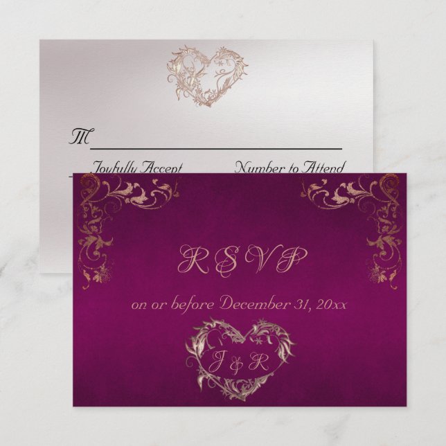 Tarjeta De Confirmación De Asistencia Ornate Frame & Heart - Purple/Rose Gold (Anverso / Reverso)