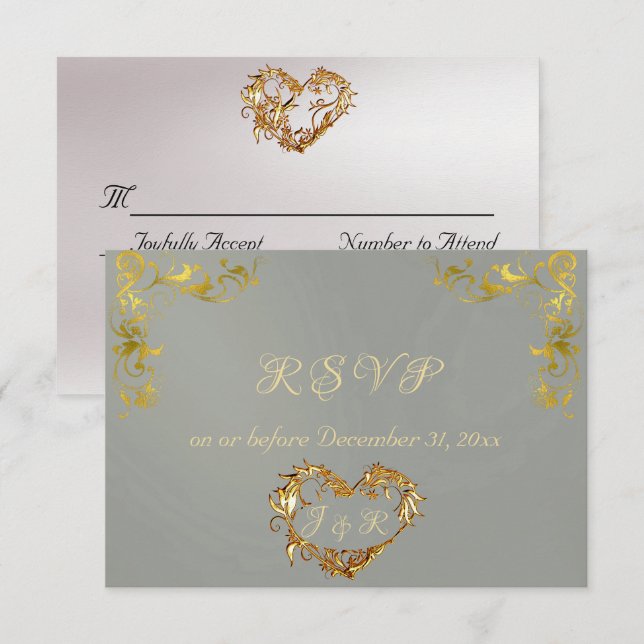 Tarjeta De Confirmación De Asistencia Ornate Frame & Heart - Sage/Gold (Anverso / Reverso)