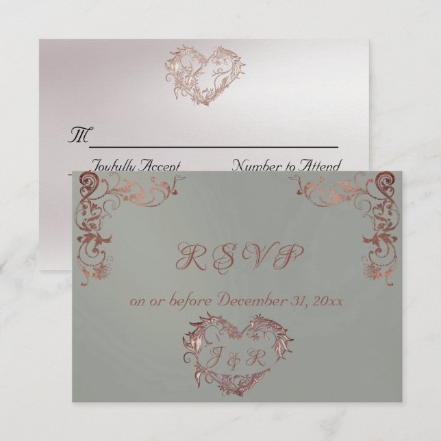 Tarjeta De Confirmación De Asistencia Ornate Frame & Heart - Sage/Rose Gold (Anverso / Reverso)