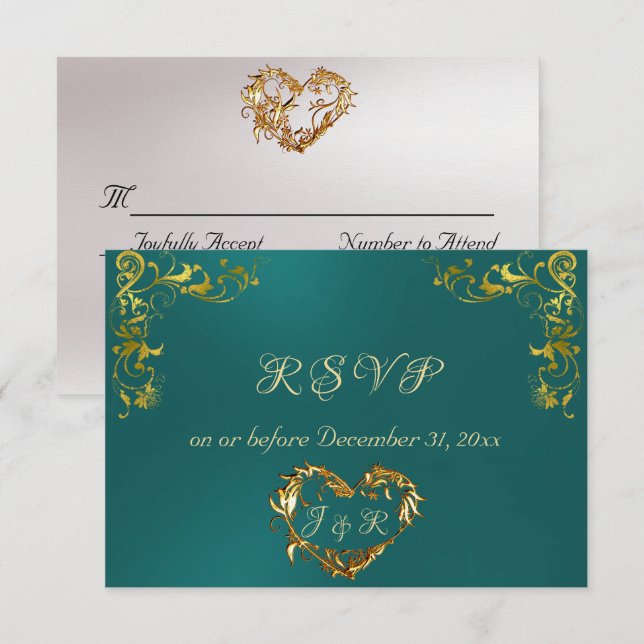Tarjeta De Confirmación De Asistencia Ornate Frame & Heart - Teal/Gold (Anverso / Reverso)
