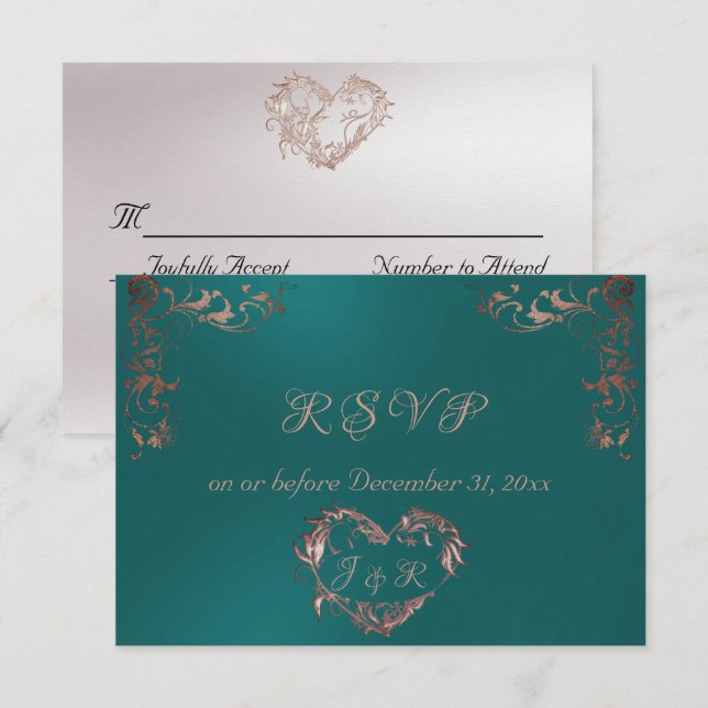 Tarjeta De Confirmación De Asistencia Ornate Frame & Heart - Teal/Rose Gold (Anverso / Reverso)