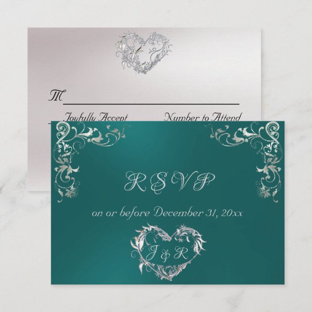 Tarjeta De Confirmación De Asistencia Ornate Frame & Heart - Teal/Silver (Anverso / Reverso)