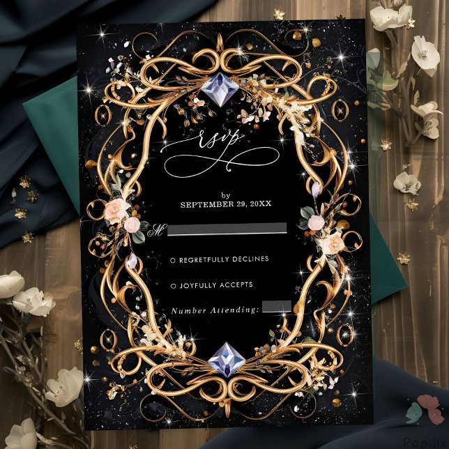 Tarjeta De Confirmación De Asistencia Ornate Gold y Diamonds Black Boda (Subido por el creador)