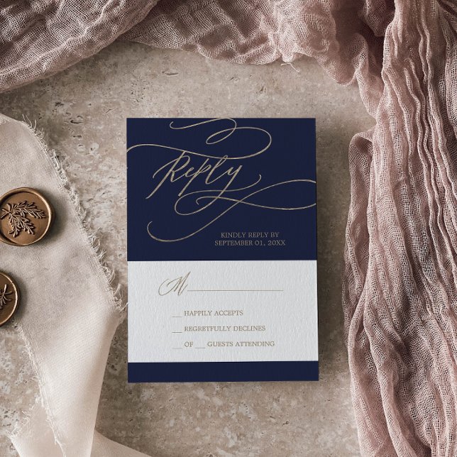 Tarjeta De Confirmación De Asistencia Oro romántico y caligrafía naval simple (Subido por el creador)