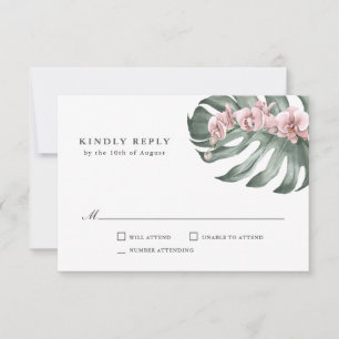 Tarjeta De Confirmación De Asistencia Orquídeas rosas de la boda tropical de Monstera RS