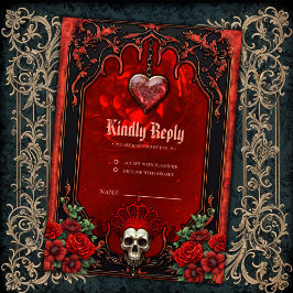 Tarjeta De Confirmación De Asistencia Oscuridad real, corazón gótico y cráneo.