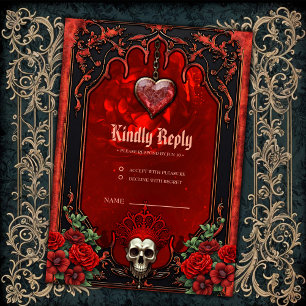 Tarjeta De Confirmación De Asistencia Oscuridad real, corazón gótico y cráneo.