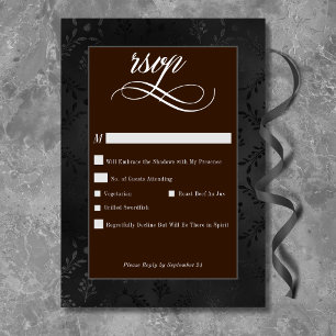 Tarjeta De Confirmación De Asistencia Oscuro Gótico Negro Floral Satin Damask Brown