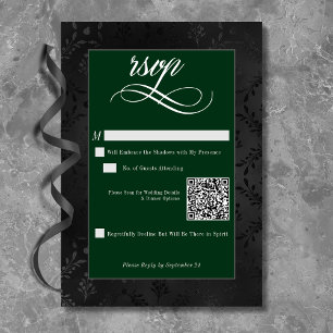 Tarjeta De Confirmación De Asistencia Oscuro Gótico Negro Floral Satin Damask Verde