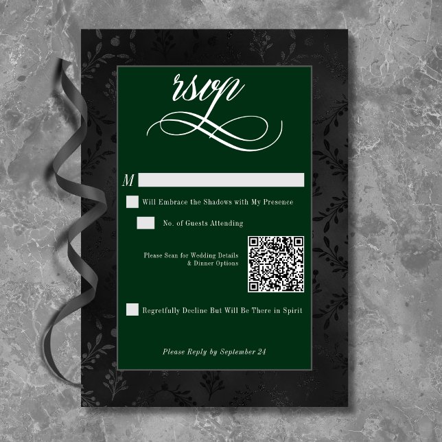 Tarjeta De Confirmación De Asistencia Oscuro Gótico Negro Floral Satin Damask Verde (Dark Gothic Black Floral Satin Damask Green RSVP Card)