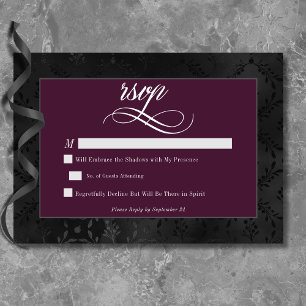 Tarjeta De Confirmación De Asistencia Oscuro Gótico Negro Floral satino Damask Wine Boda