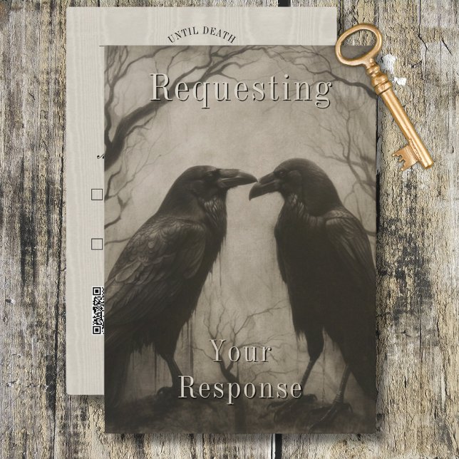Tarjeta De Confirmación De Asistencia Oscuro Gótico Negro y Tan Raven Boda de pareja (Dark Gothic Black & Tan Raven Couple Wedding RSVP Card)