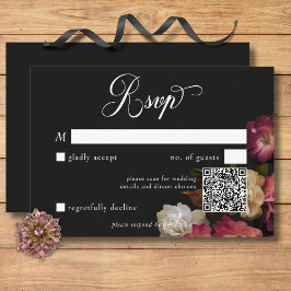 Tarjeta De Confirmación De Asistencia Oscuro Moody Burgundy y cream Peonies Black QR Cod