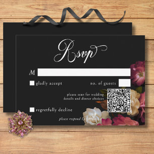 Tarjeta De Confirmación De Asistencia Oscuro Moody Burgundy y cream Peonies Black QR Cod