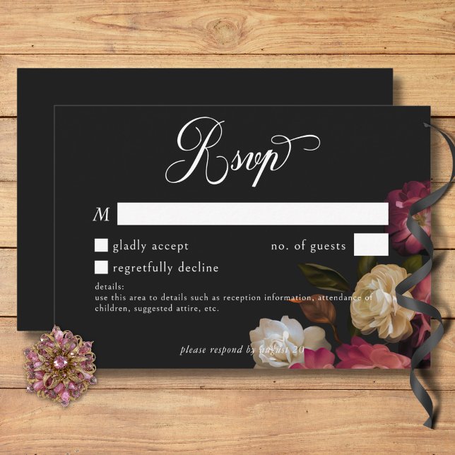 Tarjeta De Confirmación De Asistencia Oscuro Moody Burgundy y cream Peonies Detalles neg (Dark Moody Burgundy & Cream Peonies Black Details RSVP Card)