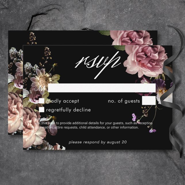 Tarjeta De Confirmación De Asistencia Oscuro Moody Pastel Opulento Floral Negro Sin Cena (Dark Moody Pastel Opulent Floral Black No Dinner RSVP Card)